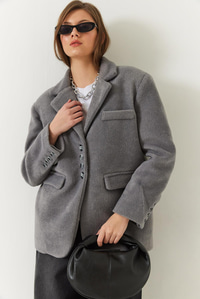 Kalın Kaşe Blazer Ceket Kısa Kaban 60261366 - Gri