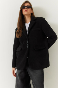 Kalın Kaşe Blazer Ceket Kısa Kaban 60261366 - Siyah