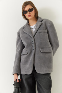 Kalın Kaşe Blazer Ceket Kısa Kaban 60261366 - Gri