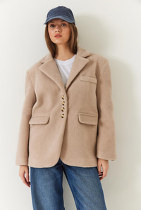 Kalın Kaşe Blazer Ceket Kısa Kaban 60261366 - Bej