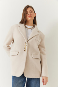 Kalın Kaşe Blazer Ceket Kısa Kaban 60261366 - Krem
