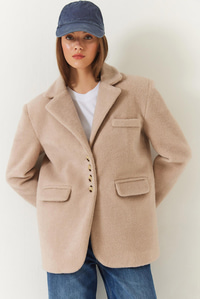 Kalın Kaşe Blazer Ceket Kısa Kaban 60261366 - Bej