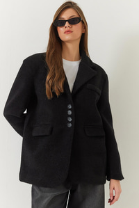 Kalın Kaşe Blazer Ceket Kısa Kaban 60261366 - Siyah