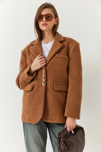 Kalın Kaşe Blazer Ceket Kısa Kaban 60261366 - Kahverengi