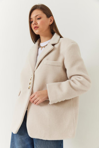 Kalın Kaşe Blazer Ceket Kısa Kaban 60261366 - Krem