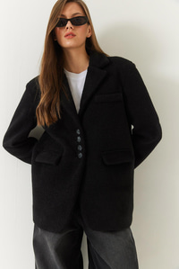 Kalın Kaşe Blazer Ceket Kısa Kaban 60261366 - Siyah