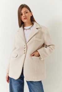 Kalın Kaşe Blazer Ceket Kısa Kaban 60261366 - Krem