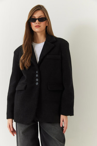 Kalın Kaşe Blazer Ceket Kısa Kaban 60261366 - Siyah