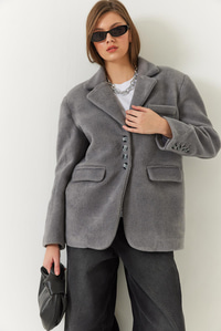Kalın Kaşe Blazer Ceket Kısa Kaban 60261366 - Gri