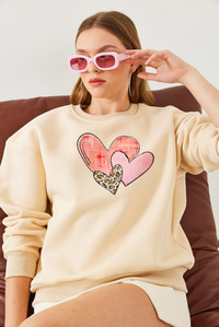 Kalp Baskılı Sweatshirt MBHS017 60601017 - Bej
