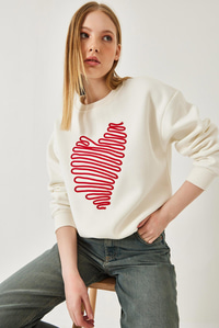 Kalp Nakışlı Sweatshirt 60601030 - Ekru