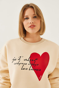Kalp ve Yazı Baskılı Sweatshirt MBHS023 60601023 - Bej