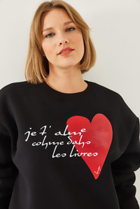 Kalp ve Yazı Baskılı Sweatshirt MBHS023 60601023 - Siyah