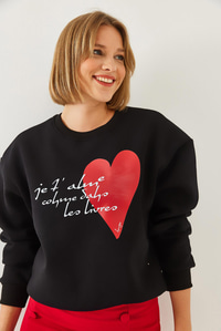 Kalp ve Yazı Baskılı Sweatshirt MBHS023 60601023 - Siyah