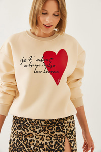 Kalp ve Yazı Baskılı Sweatshirt MBHS023 60601023 - Bej