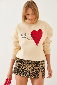 Kalp ve Yazı Baskılı Sweatshirt MBHS023 60601023 - Bej