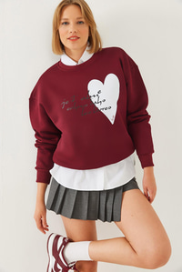 Kalp ve Yazı Baskılı Sweatshirt MBHS023 60601023 - Bordo