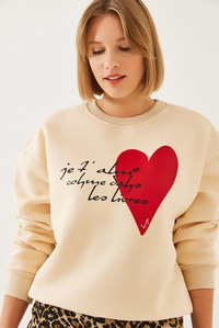 Kalp ve Yazı Baskılı Sweatshirt MBHS023 60601023 - Bej