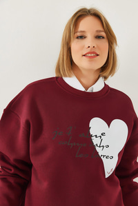 Kalp ve Yazı Baskılı Sweatshirt MBHS023 60601023 - Bordo