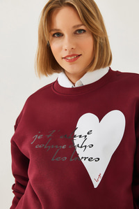 Kalp ve Yazı Baskılı Sweatshirt MBHS023 60601023 - Bordo