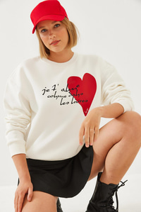 Kalp ve Yazı Baskılı Sweatshirt MBHS023 60601023 - Ekru
