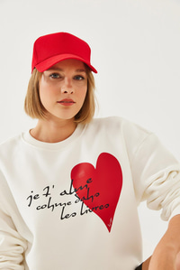 Kalp ve Yazı Baskılı Sweatshirt MBHS023 60601023 - Ekru
