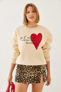 Kalp ve Yazı Baskılı Sweatshirt MBHS023 60601023 - Bej