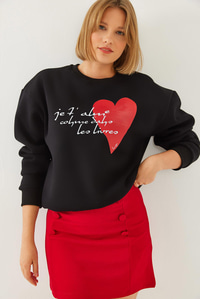 Kalp ve Yazı Baskılı Sweatshirt MBHS023 60601023 - Siyah