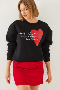 Kalp ve Yazı Baskılı Sweatshirt MBHS023 60601023 - Siyah