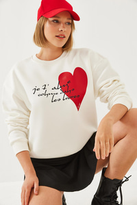 Kalp ve Yazı Baskılı Sweatshirt MBHS023 60601023 - Ekru