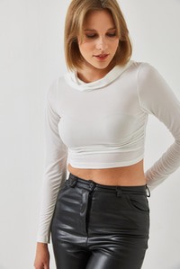 Kapişonlu Candy Kumaş Crop Bluz 60351281 - Beyaz