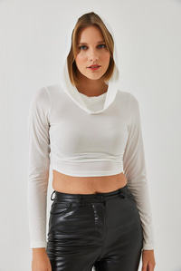 Kapişonlu Candy Kumaş Crop Bluz 60351281 - Beyaz