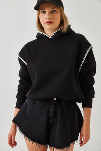 Kapişonlu Dantel Detaylı Sweatshirt 60601028 - Siyah