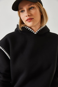 Kapişonlu Dantel Detaylı Sweatshirt 60601028 - Siyah