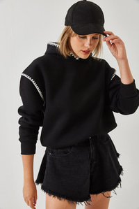 Kapişonlu Dantel Detaylı Sweatshirt 60601028 - Siyah