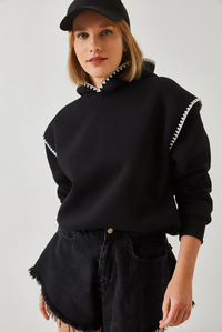 Kapişonlu Dantel Detaylı Sweatshirt 60601028 - Siyah