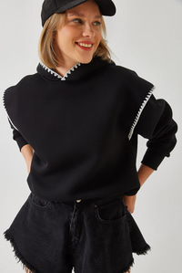 Kapişonlu Dantel Detaylı Sweatshirt 60601028 - Siyah