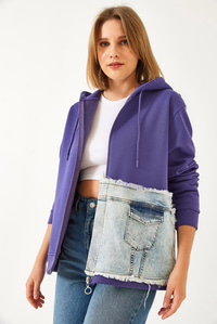 Kapişonlu Denim Parçalı Hırka 8175 60351326 - Mor HIRKA modelleri