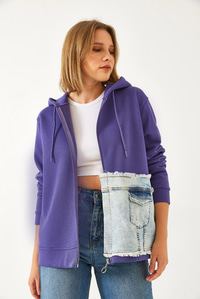 Kapişonlu Denim Parçalı Hırka 8175 60351326 - Mor HIRKA modelleri