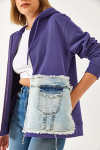 Kapişonlu Denim Parçalı Hırka 8175 60351326 - Mor HIRKA modelleri