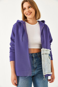 Kapişonlu Denim Parçalı Hırka 8175 60351326 - Mor HIRKA modelleri