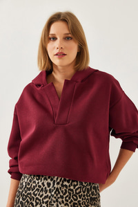 Kapişonlu V Yaka Sweatshirt 60351253 - Bordo