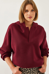 Kapişonlu V Yaka Sweatshirt 60351253 - Bordo