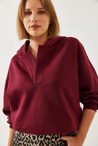 Kapişonlu V Yaka Sweatshirt 60351253 - Bordo