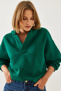 Kapişonlu V Yaka Sweatshirt 60351253 - Yeşil
