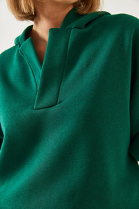 Kapişonlu V Yaka Sweatshirt 60351253 - Yeşil