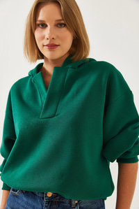 Kapişonlu V Yaka Sweatshirt 60351253 - Yeşil
