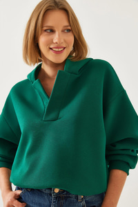 Kapişonlu V Yaka Sweatshirt 60351253 - Yeşil