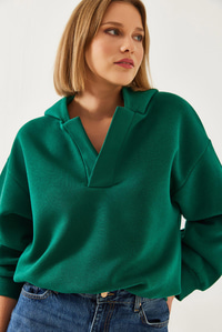 Kapişonlu V Yaka Sweatshirt 60351253 - Yeşil