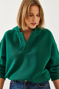 Kapişonlu V Yaka Sweatshirt 60351253 - Yeşil